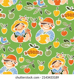 Seamless pattern with a happy couple and apples. Vector illustration