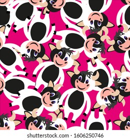 Seamless pattern with happy cow on a pink background. Stock vector illustration for decoration and design, wrapping paper, baby fabrics, postcards, packaging, wallpapers, textiles, postcards and more.