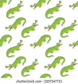 Seamless pattern with happy crocodile. Hand drawn illustration in scandinavian style for children.