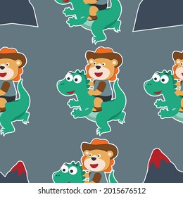 seamless pattern of happy cute bear riding cute dinosaurs. For fabric textile, nursery, baby clothes, background, textile, wrapping paper and other decoration.