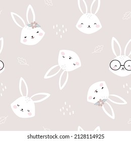 Seamless pattern happy cute bunny rabbit,  design for scrapbooking, decoration, cards, paper goods, background, wallpaper, wrapping, fabric and all your creative projects. Vector Illustration