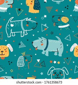 Seamless Pattern with Happy Cute Dogs, Triangles and Stars. Doodle Cartoon Funny Puppies Geometric Vector Background for Kids. Childish Wallpaper with Pet Animals for Baby Fashion