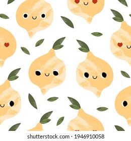 Patrón sin foco con un lindo y feliz personaje de limón. Gracioso cítrico kawaii con cara sonriente. Ilustración de dibujos animados planos vectoriales, perfecta para papel de envoltura textil