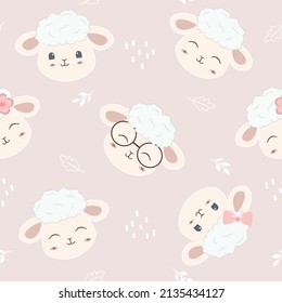 Seamless pattern happy cute sheep, design for scrapbooking, decoration, cards, paper goods, background, wallpaper, wrapping, fabric and all your creative projects. Vector Illustration