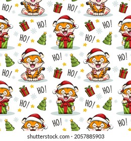Seamless Pattern Happy Cute Tiger With Santa Claus Cap, Gift Box, Christmas Tree And Snowflakes. Merry Christmas And Happy New Year. Hohoho