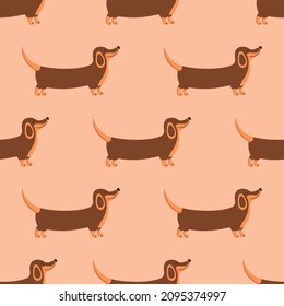 Patrón sin foco feliz dachshund camina y sonríe. Día Nacional del Cachorro. Animado animal, gente mejor amiga, mascota favorita. Día Nacional del Perro. Dibujo ilustrativo colorido. Envoltura o impresión