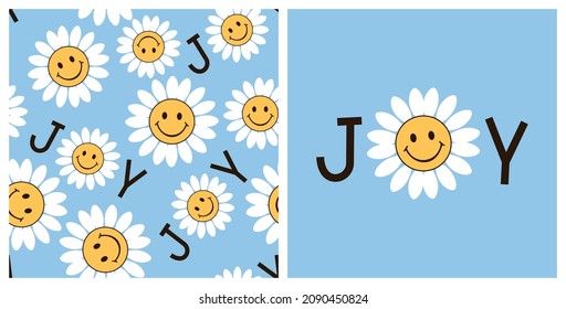 Seamless pattern and happy daisy cartoons   hand written font blue background vector illustration  Cute positive floral wallpaper 