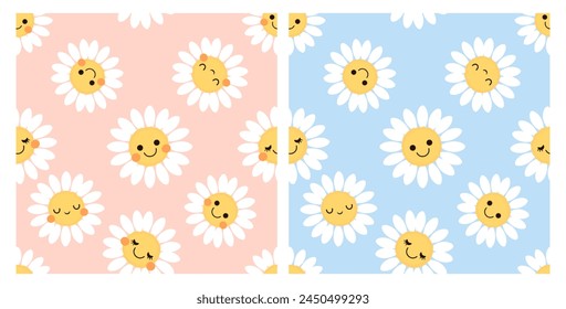 Seamless pattern with happy daisy cartoons on pink and blue backgrounds vector. Cute floral print.