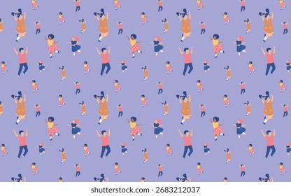 Seamless Pattern of Happy Dancing Children in Colorful Outfits on Purple Background – Vector Illustration