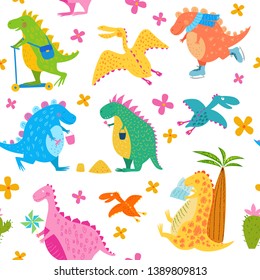Seamless pattern of happy dinosaurs and flowers. Cute animals. Vector endless background for fabric and textile. Hand drawn illustration. Funny character for kids. Pencil texture.
