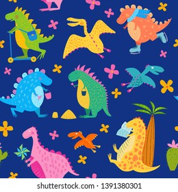 Seamless pattern of happy dinosaurs and flowers. Cute animals. Vector endless background for fabric and textile. Hand drawn illustration. Funny character for kids. Pencil texture.