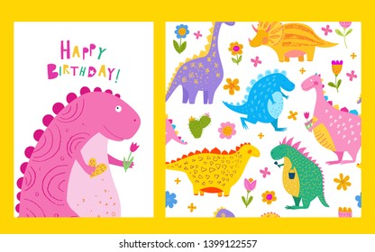 Seamless pattern of happy dinosaurs and flowers. Smiling pink dinosaur with a flower wishes happy birthday. Cute funny animals. Vector background for kids. Pencil texture. Dino party. Greeting card.