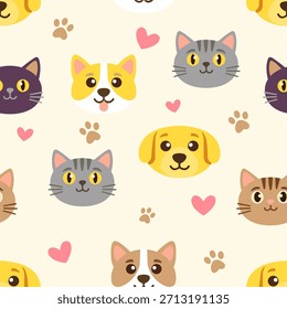 Patrón sin fisuras de caras felices de perros y gatos con corazones flotantes Pequeños, que representan la amistad y la vinculación en estilo de Vector de diseño plano para el papel de regalo del día de San Valentín del amante de las mascotas.