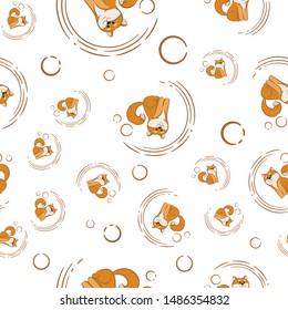 Seamless pattern with happy dog and geometric decorative elements. Vector illustration with a dog of breed Akita Inu on a white background. Package design. Children's print.