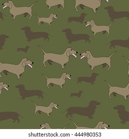 Seamless pattern. Happy Dogs pattern. Dachshunds on green background.
