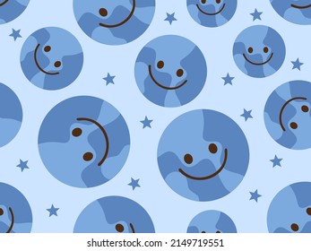 Seamless pattern with happy earth cartoons and stars on blue background vector illustration. Cute childish print.