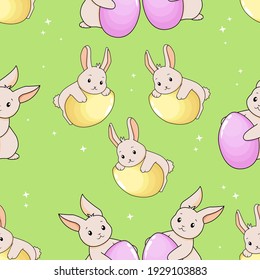 Seamless pattern for Happy Easter celebration, isolated vector illustration of cute bunny and Easter egg.