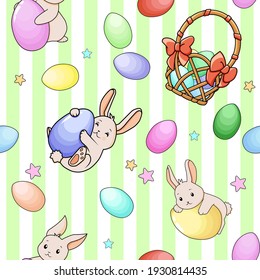 Seamless pattern for Happy Easter celebration, isolated vector illustration of cute bunny, basket with eggs, stars and Easter egg.