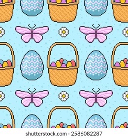 Seamless pattern Happy Easter celebration in pixel style on a blue background. Vector illustration