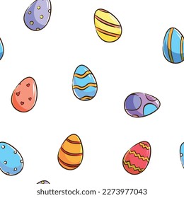 Seamless pattern. Happy Easter. Chicken painted egg with pattern. Zigzag, dot, circle, stripe, wave, heart. Handdrawn greeting card for religious holiday. Egg hunting. Print for printing on towel. 