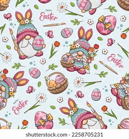 Seamless Pattern Happy Easter With Cute Gnome And Egg Basket Of Easter, Cute Cartoon Illustration