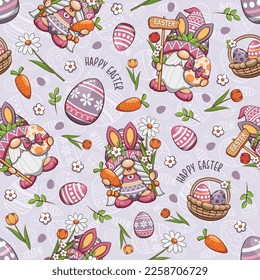 Seamless Pattern Happy Easter With Cute Gnome, Carrot, And Egg Basket Of Easter, Cute Cartoon Illustration