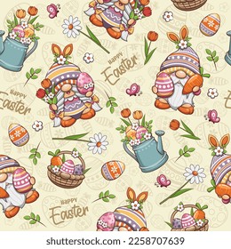 Seamless Pattern Happy Easter With Cute Gnome, Carrot, Watering Can, Flowers, And Egg Basket Of Easter. Cartoon Illustration