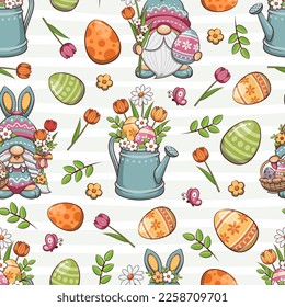 Nahtlose Muster Frohe Osterfeier mit scharfem Gnome, Wasserdose, Blumen und Eier, Cartoon-Illustration