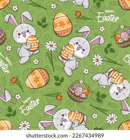 Seamless Pattern Happy Easter With Cute Bunny Rabbit And Easter Eggs On Green Background. Cartoon Illustration