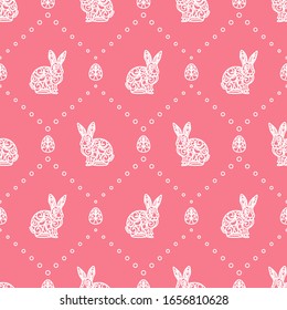 Seamless pattern for happy Easter day on a pink background. White eggs with a cross and rabbits (hares) with lace ornament. Repeating texture for wallpaper design, website, print, textile. Vector.