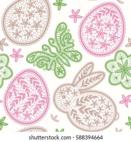 Seamless pattern for Happy Easter Day with lace eggs, butterfly and rabbit in spring color. Stock line vector illustration.