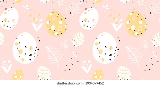 Seamless pattern. Happy easter. Delicate pattern with Easter eggs and plants. For festive packaging, banners, printing.