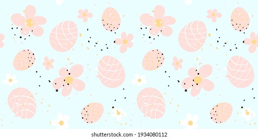Seamless pattern. Happy easter. Delicate pattern with Easter eggs and plants. For festive packaging, banners, printing.