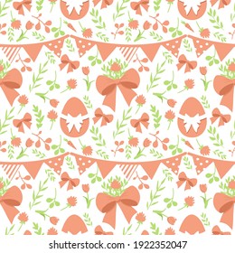 A seamless pattern of happy Easter. Easter egg, macaroon, flag garland, cake,flowers. Print for fabric.