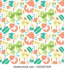 A seamless pattern of happy Easter. Egg, bow, potted flowers, cake, macaroon. Print for fabric.