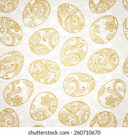 Seamless pattern with Happy Easter eggs and ornate decor. Vector line art spring pattern. Holiday background lacy surface texture. Ornamental golden wallpaper.