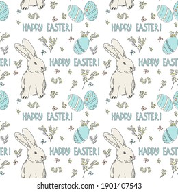 
Seamless pattern of happy easter elements drawn by hand in doodle style, colored spots on the background. Rabbit, eggs, branches and leaves.