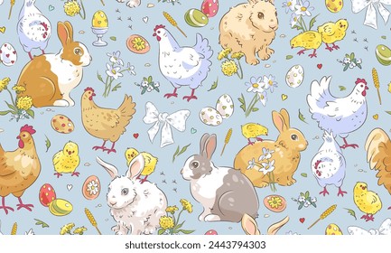 Nahtloses Muster mit glücklichen Osterelementen auf blauem Hintergrund. Vektor-Illustration von Osterhasen, Huhn, Henne, Hahn und Blumen. Textil, Tapete, Wrap Design Template