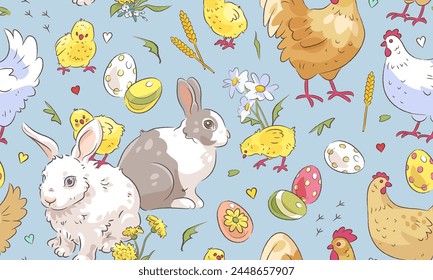 Nahtloses Muster mit fröhlichen Oster-Elementen auf blauem Hintergrund. Vektorillustration von Osterhasen, Huhn, Henne, Hahn und Blumen. Textil, Bildschirmhintergrund, Wrap Design Vorlage