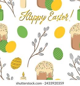 Seamless pattern for Happy Easter holiday celebration with colored eggs, easter cake and pussy willow in green, yellow colors. Hand drawn vector sketch doodle illustration in flat cartoon style
