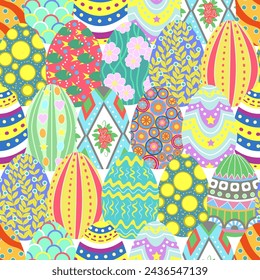 Seamless pattern with Happy Easter holiday traditional symbol - colorful eggs decorated in flat lay style 