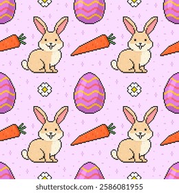 Seamless pattern Happy Easter in pixel style on pink background. Vector illustration