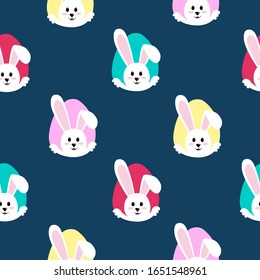 Seamless pattern happy easter rabbit looks out of a hole in the shape of an egg.