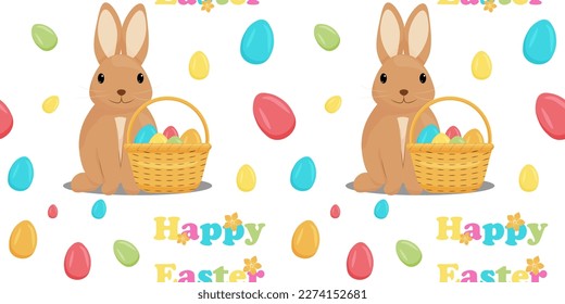 seamless pattern happy easter. A rabbit with a basket and Easter eggs. egg hunt. vector illustration