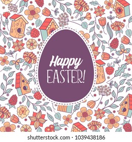 Seamless pattern.  happy Easter. Spring flowers, herbs, birdhouses, birds. Cute spring pattern for printing onto fabric, paper for decoration congratulation with Easter.