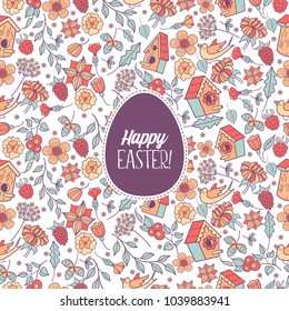 Seamless pattern.  happy Easter. Spring flowers, herbs, birdhouses, birds. Cute spring pattern for printing onto fabric, paper for decoration congratulation with Easter.