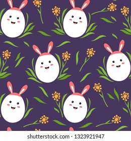 Seamless pattern happy egg in style kawaii  with grass and flower for Happy Easter day. Vector illustration