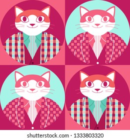 Seamless pattern with happy elegant cat in tartan jacket, vest and necktie.  Four funny cats isolated on circular backgrounds