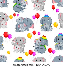 Seamless pattern with happy elephant playing with a cute little elephant