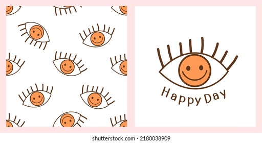 Seamless pattern with happy eye cartoons on white background vector illustration. Cute childish print.